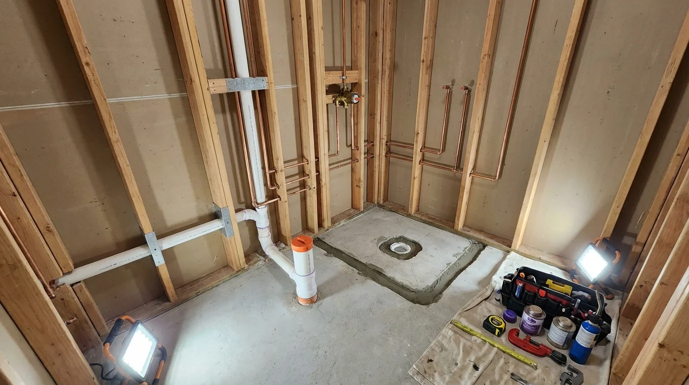 Bathroom rough-in plumbing during remodel by Johns Plumbing LLC in Jackson Center