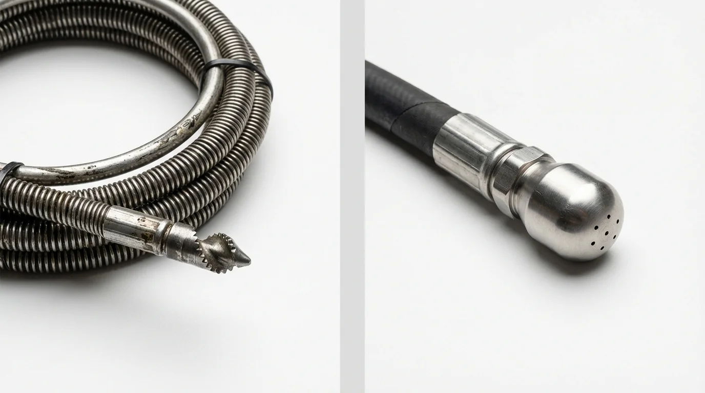 Drain snake cable and hydro jetting nozzle used for drain cleaning in Jackson Center, OH