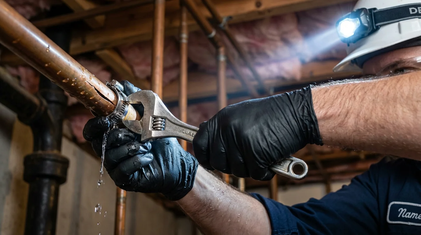 Emergency pipe clamp repair being performed by a Johns Plumbing LLC plumber in Jackson Center
