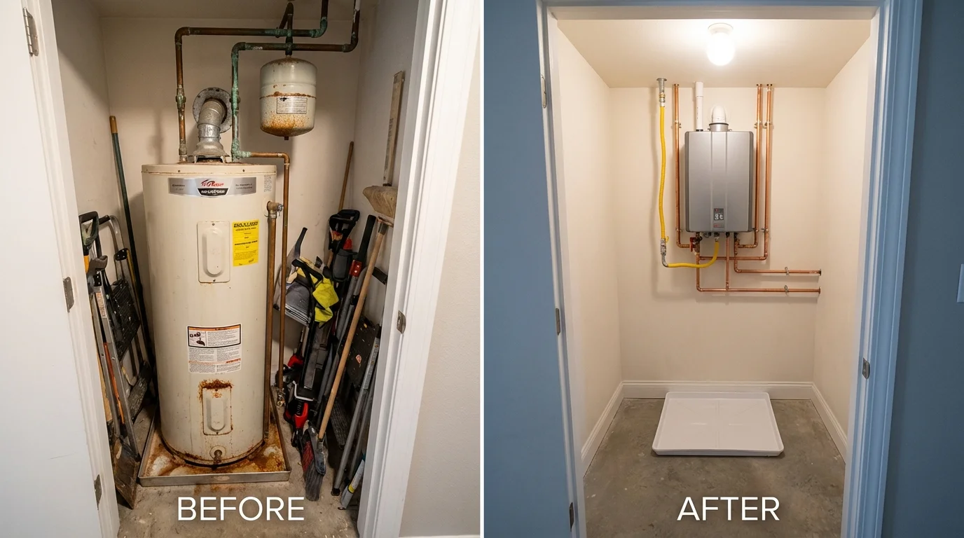 Tank water heater versus wall-mounted tankless unit comparison for Jackson Center, OH homeowners