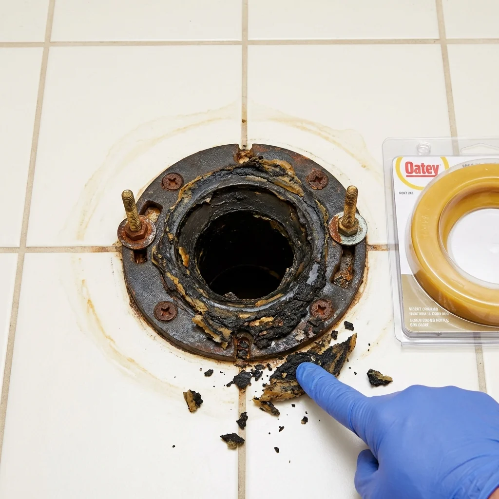 Failed wax ring showing water seepage at the base of a toilet in a Jackson Center, OH home