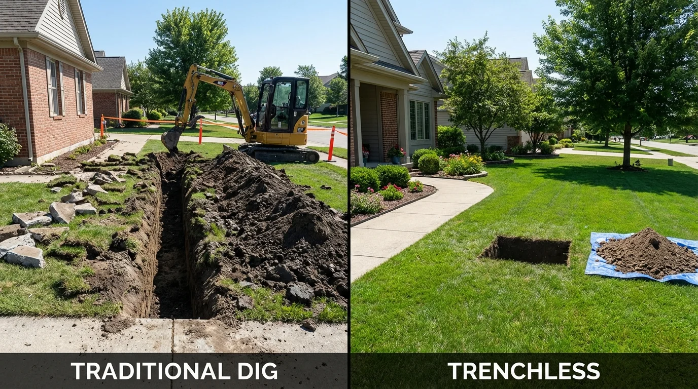 Trenchless sewer repair with minimal yard damage versus traditional excavation in Jackson Center, OH